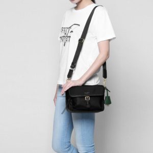 TORY BURCH Perry Nylon Crossbody in Black with Gold Logo Print