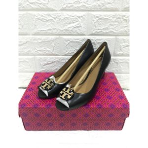 Tory Burch Claire 65mm Open Toe Wedge Calf Leather in Perfect Black - Size 6.5