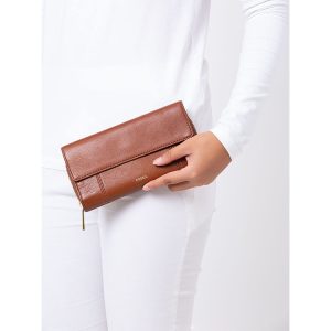 FOSSIL Jori Flap Clutch Long Wallet in Brown Leather-Best Seller