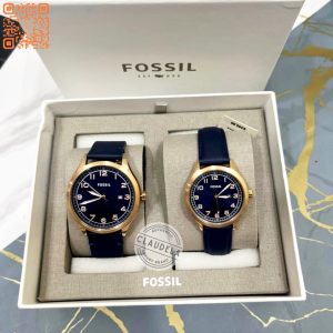 FOSSIL His and Her Wylie Three-Hand Navy Leather Watch Box Set (BQ2470SET)-Best Seller