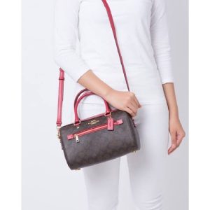COACH Rowan Satchel in Signature Dark Brown / True Red