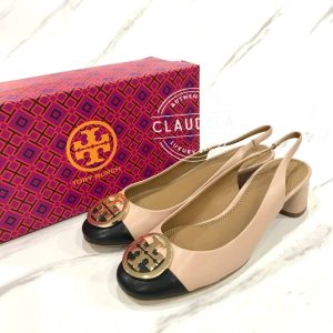 TORY BURCH Benton Cap Toe Slingback 45MM Pump Shoes in Goan Sand / Perfect Black