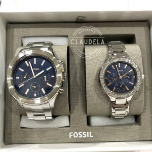 FOSSIL His and Her Multifunction Watch Set in Silver Stainless Steel (BQ2646SET)-Best Seller