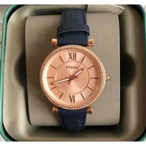 Fossil Women's Watch Carlie White Dial Navy Leather Strap - ES4485