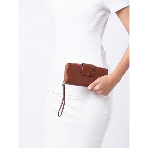 FOSSIL Madison Zip Clutch Long Wallet in Brown Leather