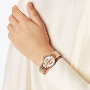 TORY BURCH Reva 2 Tone Gold/Silver with Ivory Dial Watch (TBW4016)