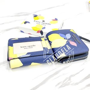 KATE SPADE Small Bifold L-Zip Wallet in Lemon Zest Blue Multi
