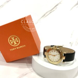 TORY BURCH Women’s Classic T Three-Hand Black Leather Watch (TBW9003)