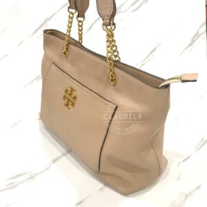 Tory Burch Britten Satchel Front Pocket in Light Oak/Nude