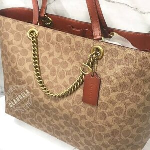 Coach Chain Tote Signature Tan Rust