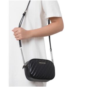 Michael Kors Rose Small Oval Camera Crossbody Bag in Quilted Black Leather with Silver Hardware