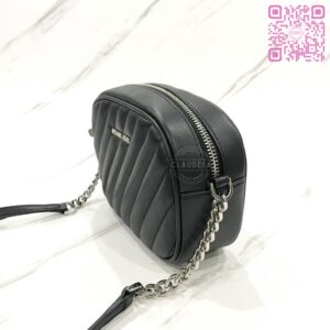 Michael Kors Rose Small Oval Camera Crossbody Bag in Quilted Black Leather with Silver Hardware