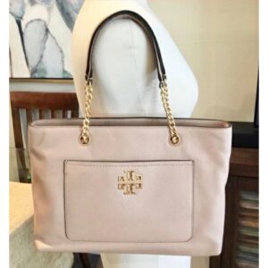 Tory Burch Britten Satchel Front Pocket in Light Oak/Nude