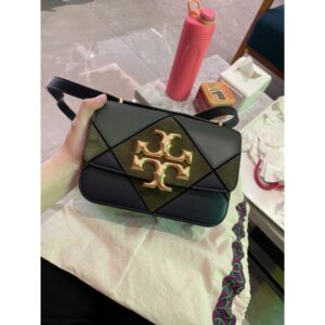 Tory Burch Eleanor Small Shoulder Bag in Diamond Quilted Pine Tree / Navy