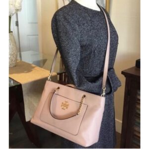 Tory Burch Britten Satchel Front Pocket in Light Oak/Nude
