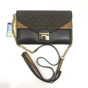 MICHAEL KORS Sloan Logo & Leather Chain Wallet in Signature Brown / Bronze